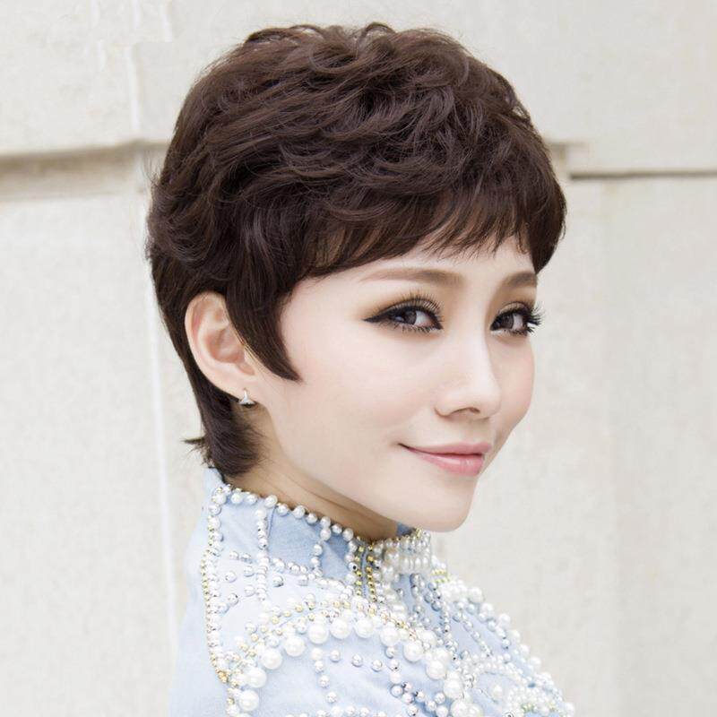 新款直销真发斜刘海女士短发女蓬松卷发 女短卷发纹理中年假发头