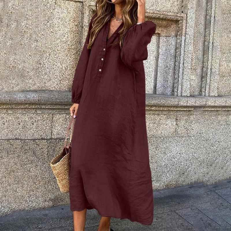 and Long Linen Color Sleeve Button Solid Cotton Long V-Neck