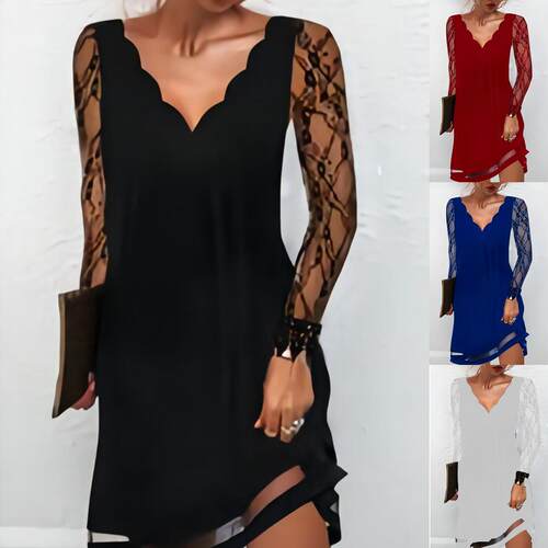 Women's wave V-neck lace long sleeved hollow skirt
