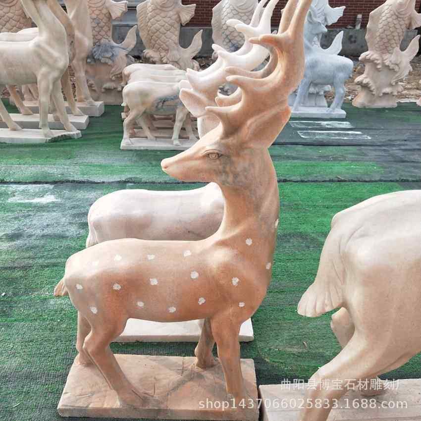 公园石雕鹿晚霞红母子鹿天然大理石动物雕塑户外草坪梅花鹿摆件