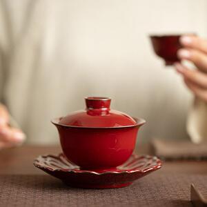 新款整套窑变郎红故宫红三才盖碗陶瓷茶具莲花壶承泡茶碗喜庆送人