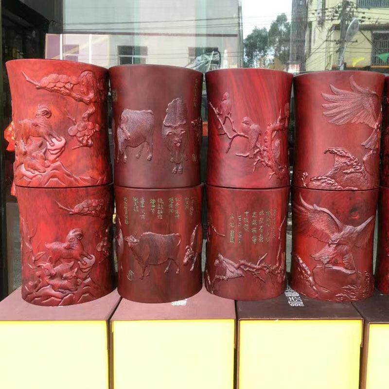 赞比亚血檀丝羽檀雕花雕笔筒文房四宝赞比亚紫檀家居办公室摆件