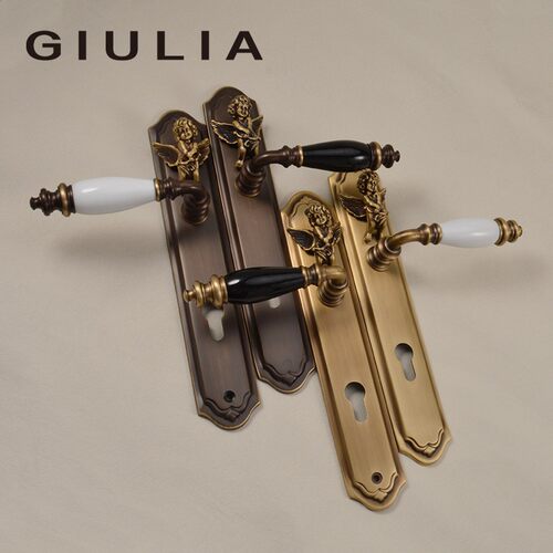 GIULIA陶瓷天使丘比特门锁黄铜静音磁吸复古古铜门锁法式门把手