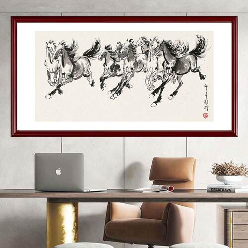 徐悲鸿八骏图装饰画办公室马到成功牌匾挂画茶室书房国风水墨壁画