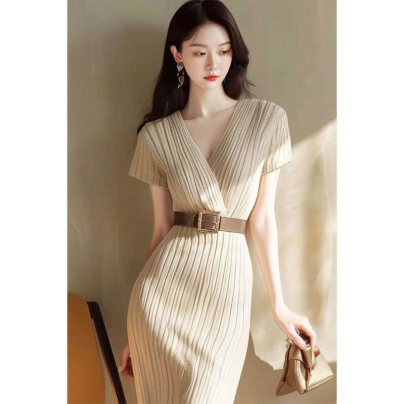 法式气质名媛高端女神范高级感收腰显瘦浅卡其色包臀连衣裙夏
