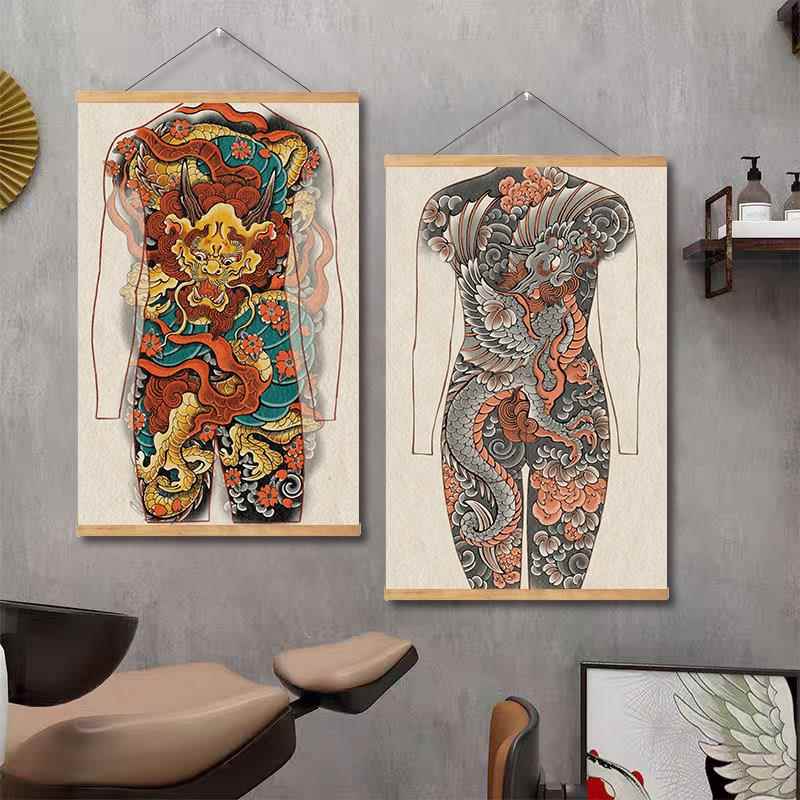 老传统大满背通体手稿花纹身刺青店铺墙壁装饰竖挂画油画布实木杆