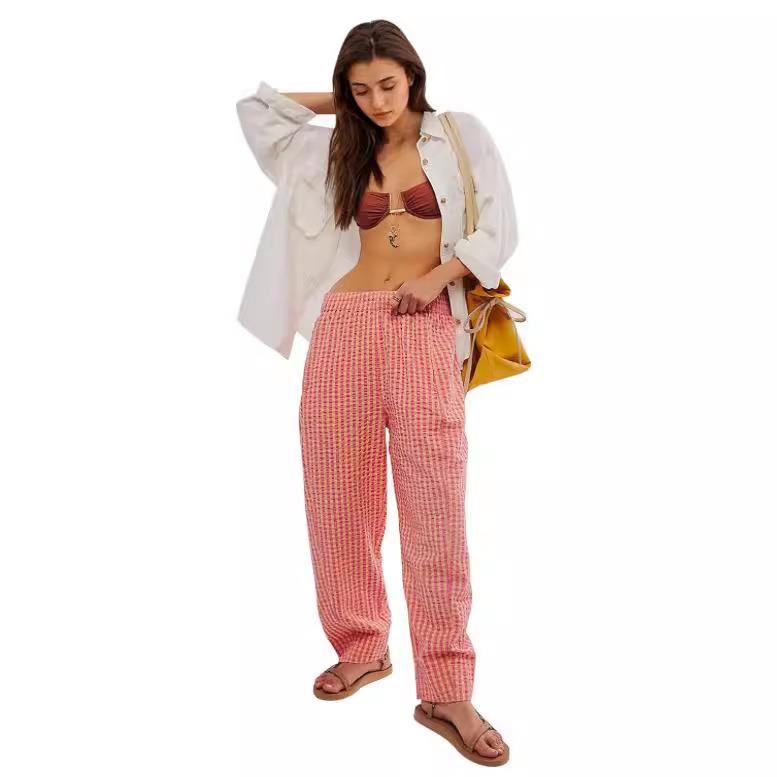 Leg Classic Versatile Wide Pants Pockets Plaid Womens