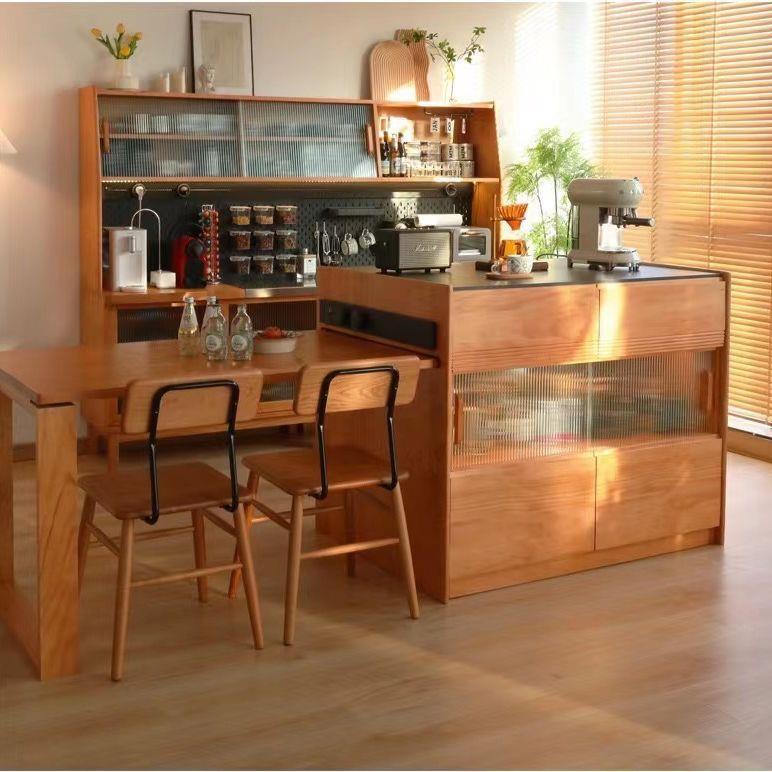 日式全实木岛台简约樱桃木岛台餐桌一体储物柜北欧厨房吧台餐边柜