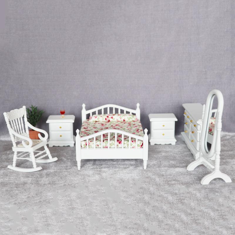 1:12迷你娃娃屋dollhouse12分娃娃用家具模型摆件白色卧室6件套装
