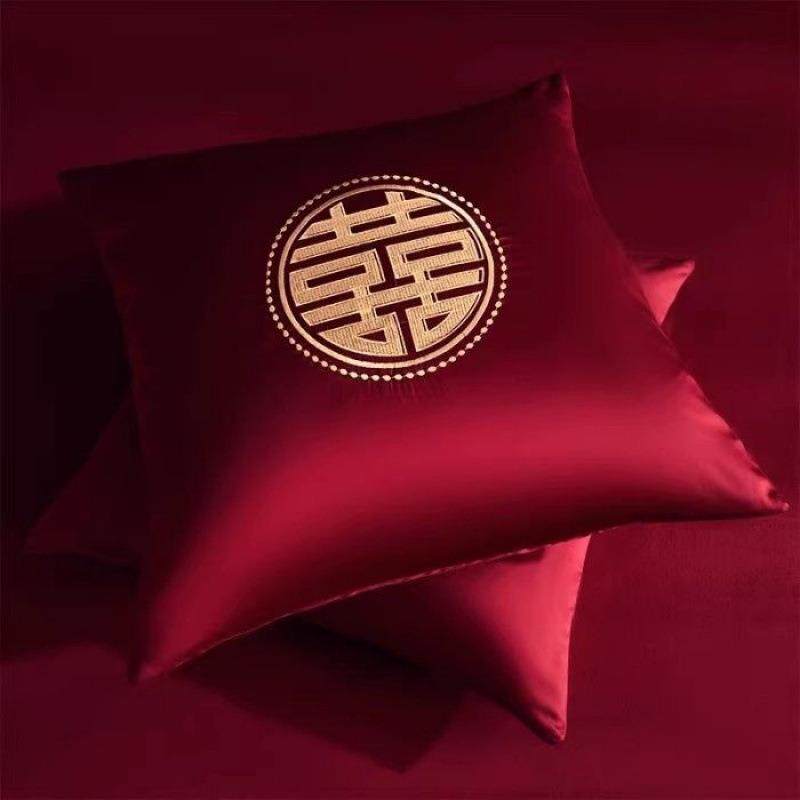 100支长绒棉酒红靠垫婚庆纯棉刺绣抱枕套结婚床品60*60CM45*45CM