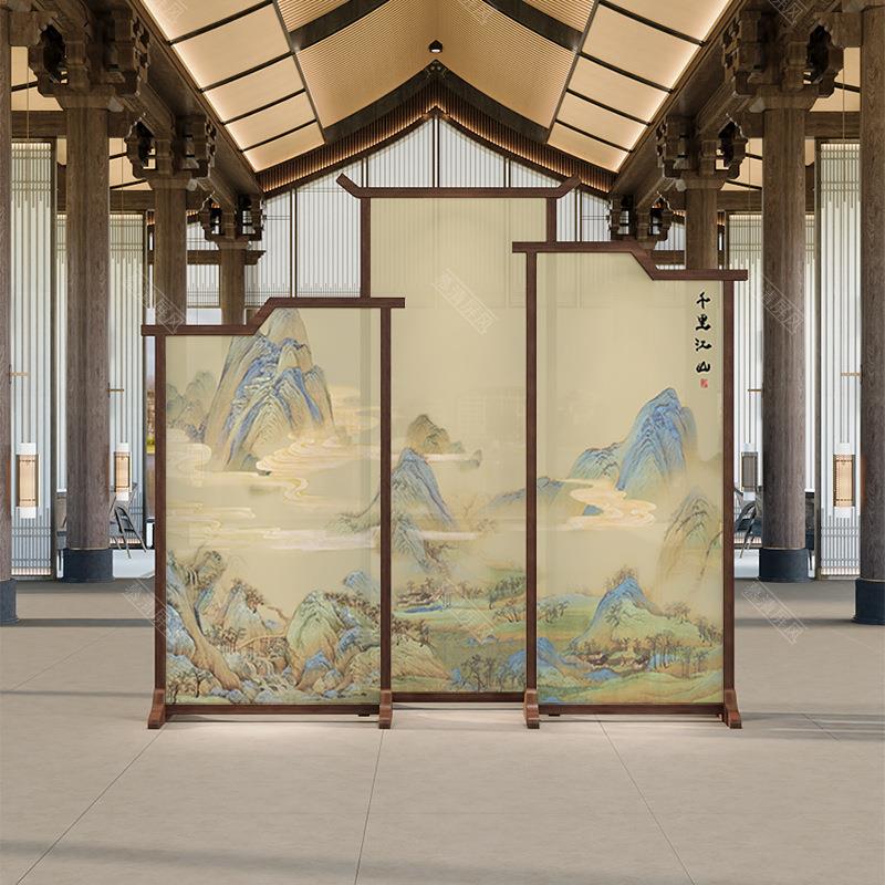 新中式万里江山图实木屏风家用可移动座屏公司大堂装饰办公室遮挡