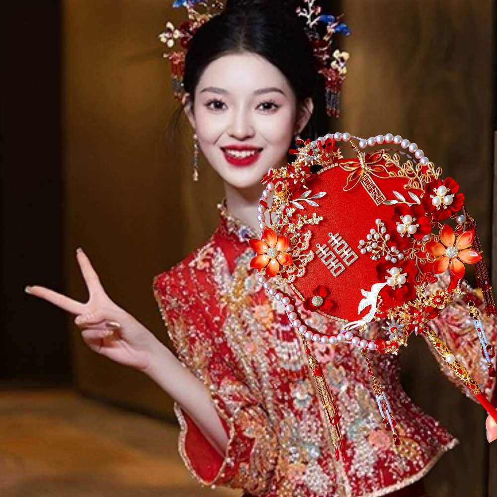 中式双面双圈团扇diy材料包成品新娘结婚龙凤秀禾服手捧花可代发