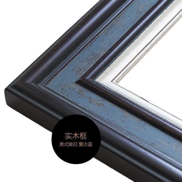 网红美式复古客厅装饰画花卉蝴蝶实木框蓝色挂画玄关画两联画