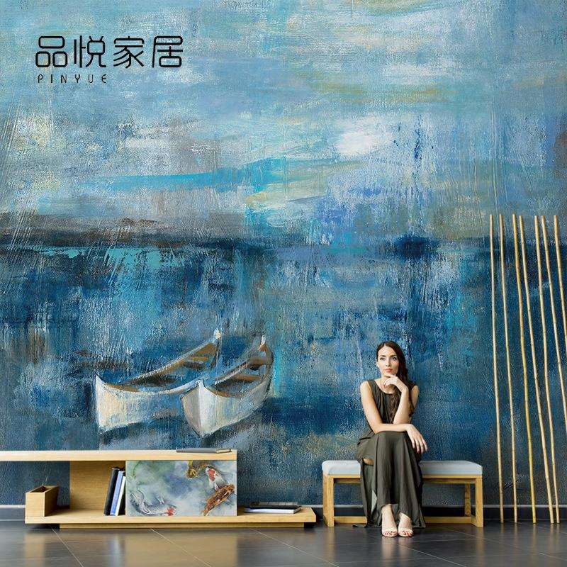 北欧复古抽象湖面风景壁纸创意客厅电视背景墙纸壁纸壁画无缝墙布
