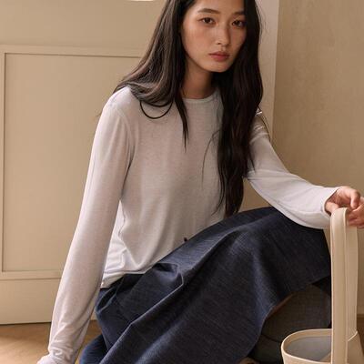 春夏天丝莫代尔打底衫女桑蚕丝羊毛简约圆领上衣韩系轻薄微透罩衫