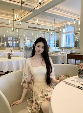 Hotdog 热狗很辣【绯花落日】七分袖方领连衣裙子女温婉气质短裙