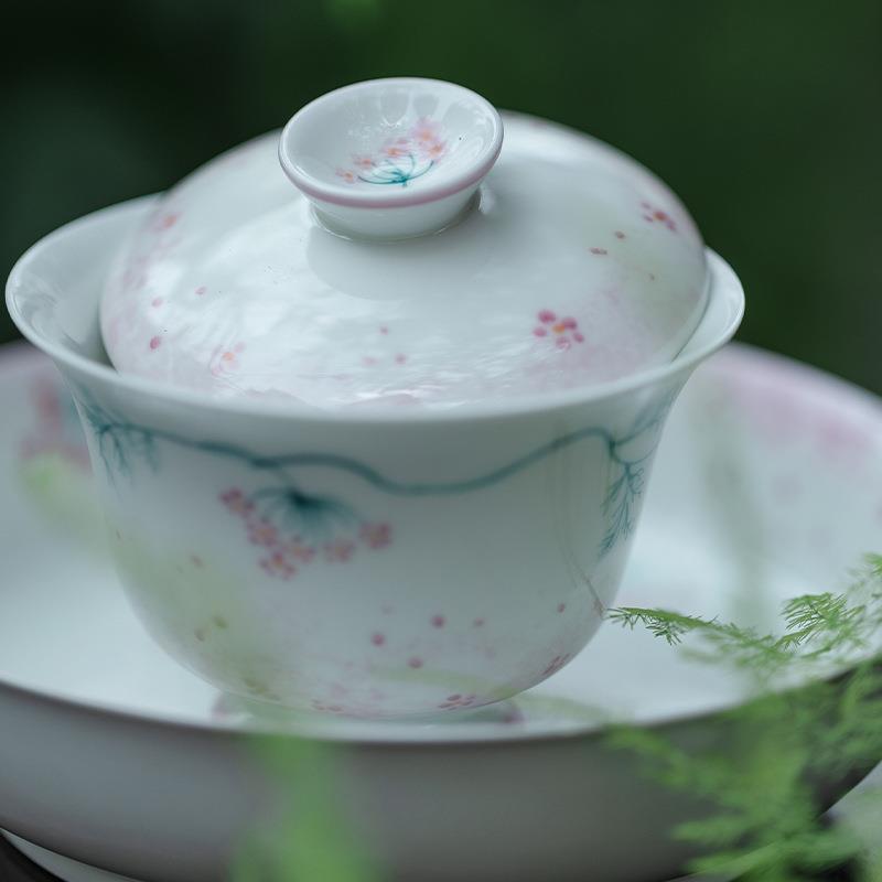 束刻玉泥古青手绘紫色花二才盖碗陶瓷茶具敬茶碗茶台泡茶碗不烫手