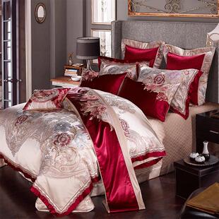 思辰家纺婚庆四件组结婚床品高档牡丹刺绣贡缎提花欧式 婚嫁别墅