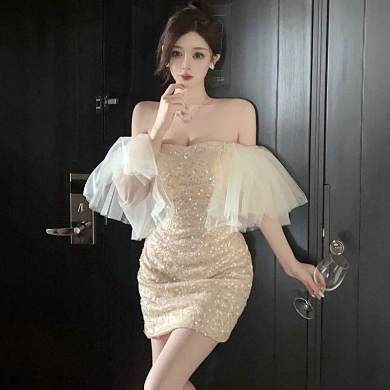 亮片洋装女重工泡泡袖轻奢名媛成人礼生日小礼服抹胸拖尾包臀裙