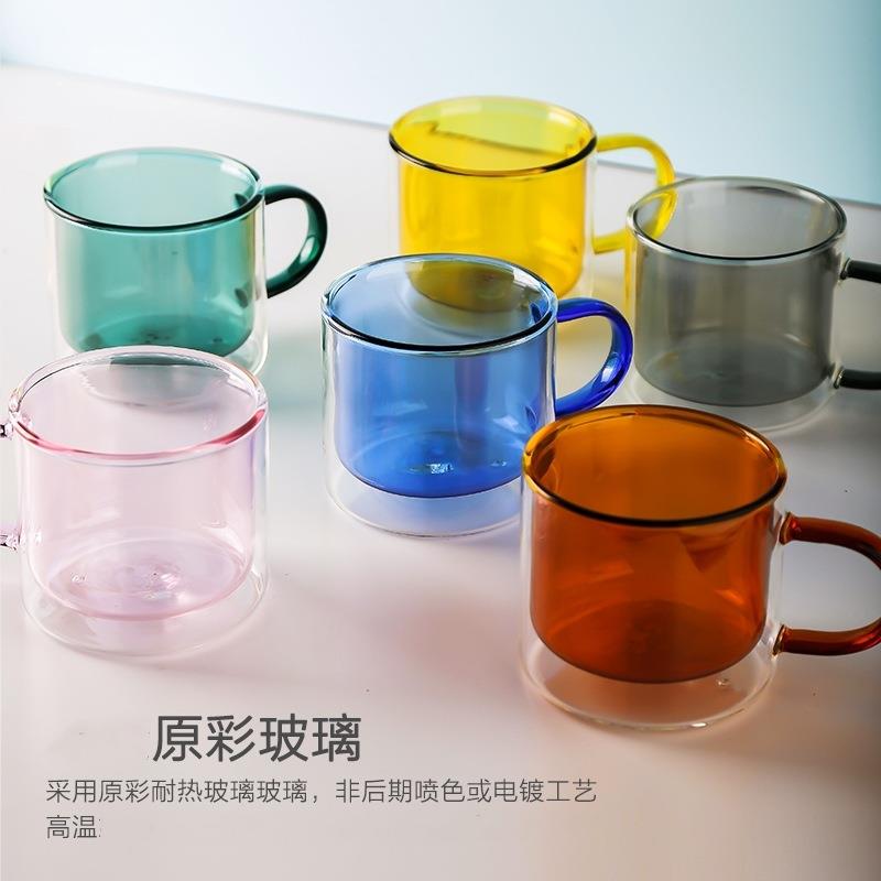 简约ins双层防烫彩色玻璃杯带把手创意高硼硅玻璃杯家用咖啡杯