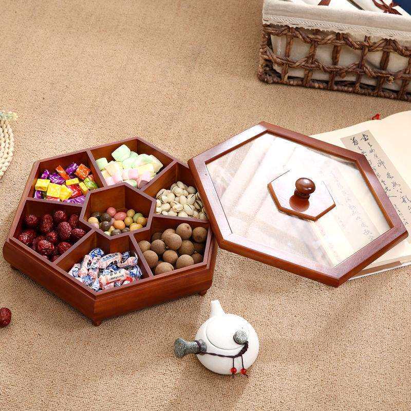 中式糖果盒木质客厅坚果盒家庭分格带盖糖果收纳盒干果盘坚果盘子