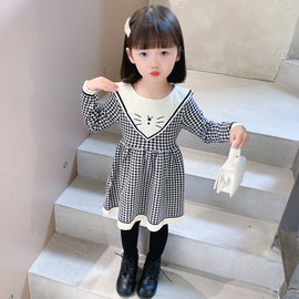 黑色可爱领带款中小童猫咪图案毛衣裙(毛衣裙)女童秋装韩版儿童连衣裙