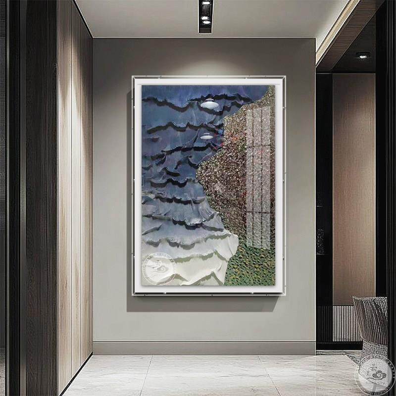 现代玄关装饰画轻奢手工立体金属片实物画压克力罩大气样品屋展示