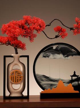 迎客松山水流沙画 画沙漏新中式禅意摆件办公茶室玄关装饰品送礼