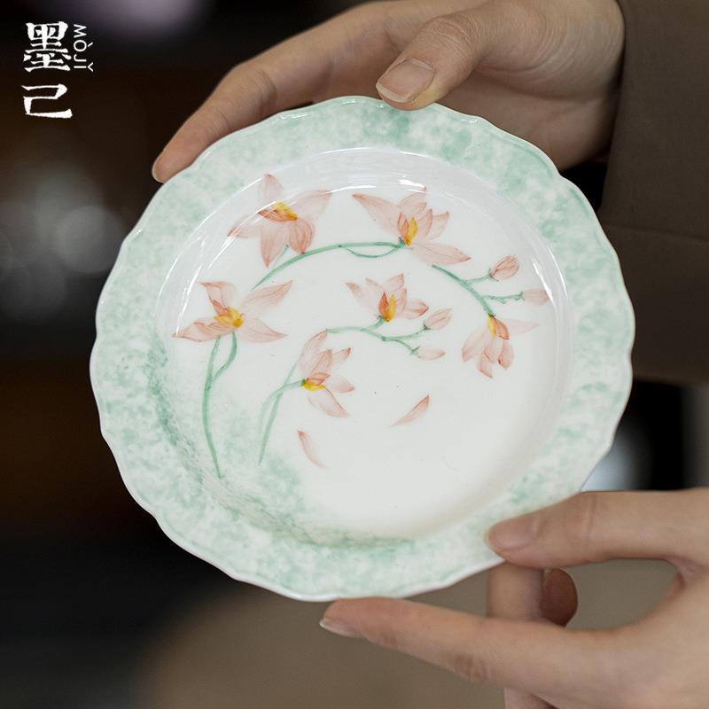 墨己玉泥白瓷手绘花边陶瓷壶承茶道配件文人器多用茶点盘干泡盘