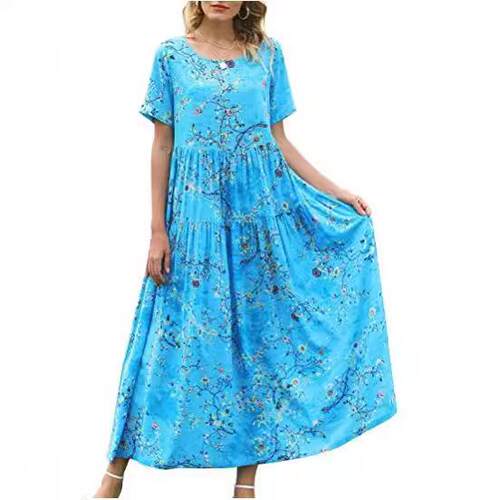 Women's knot hemp flower dress short sleeve long beach