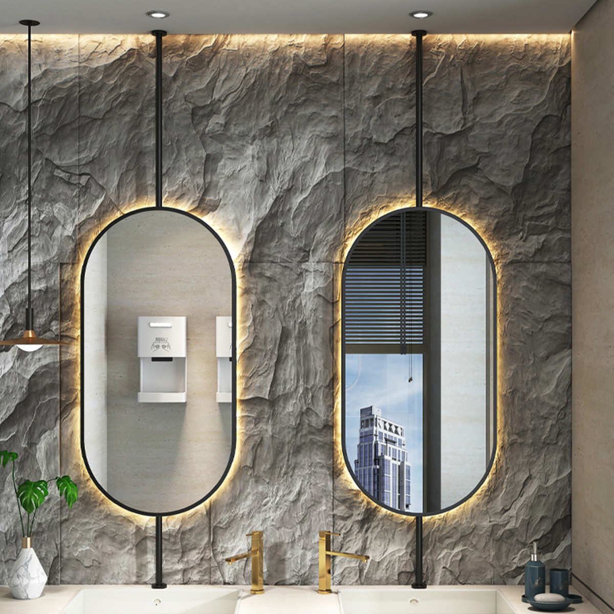 高档酒店镜子不锈钢浴室镜悬空吊镜椭圆形卫生间镜民宿镜子洗手间