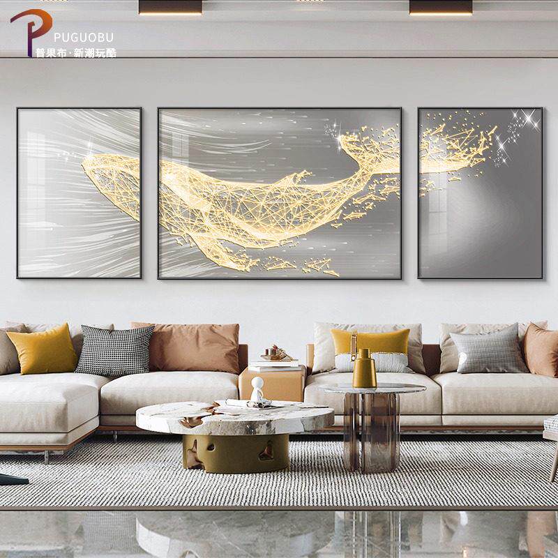 现代轻奢客厅装饰画抽象鲸鱼沙发背景墙壁三联挂画高级晶瓷镶钻画