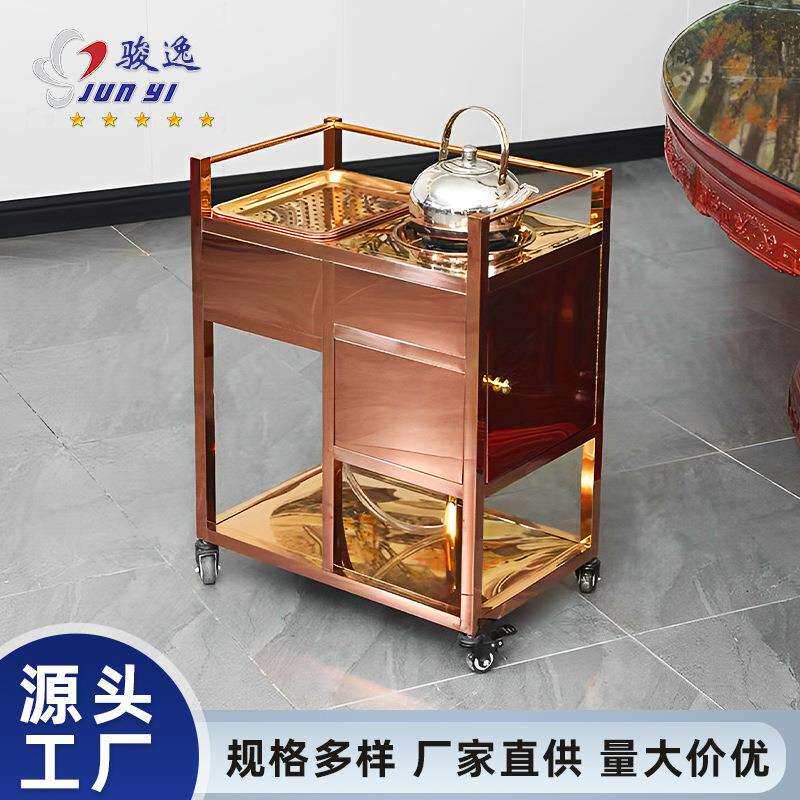 酒店餐厅不锈钢茶水手推车新中式功夫煮茶车双层服务小推车防锈