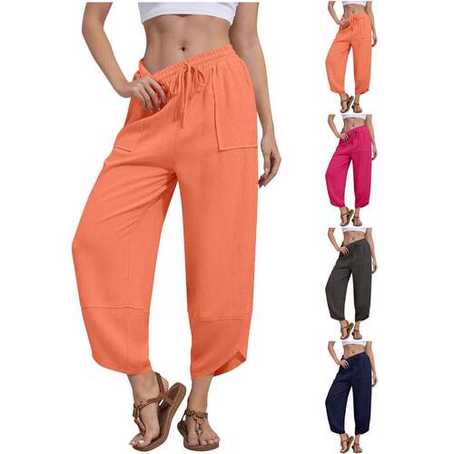 Buenobel Women Relaxed Leg Drawstring Pants Breathable Linen