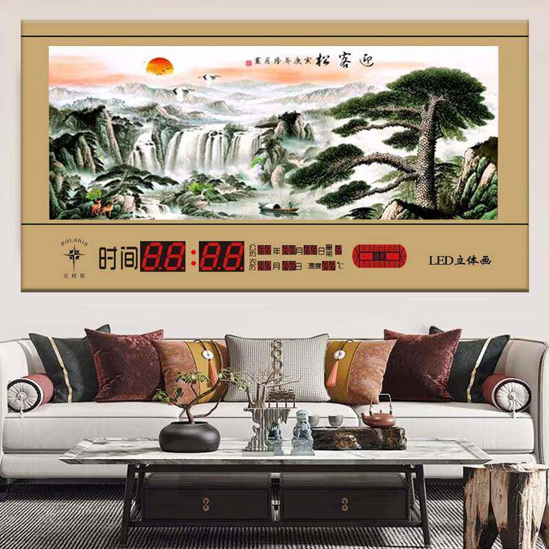 2025年新款万年历电子钟动态流水山水风景画数码客厅家用日历挂钟