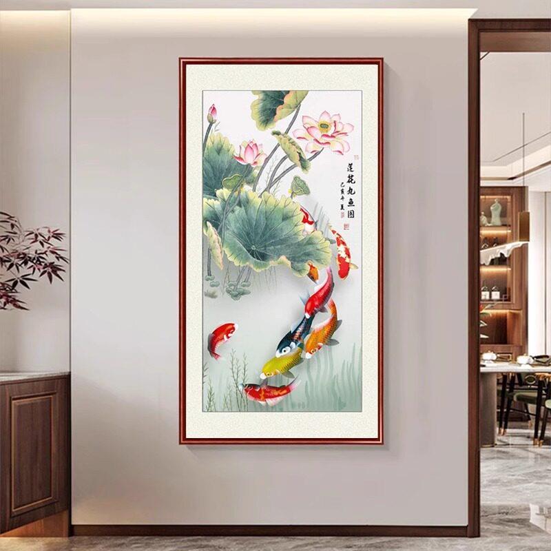 入口入口装饰画走廊垂直过道壁画办公室墙面画九鱼图中国画山水画