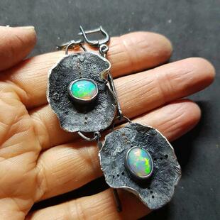 Stone Drop Dangle Vintage Asymmetry Opal Earrings Long Fire