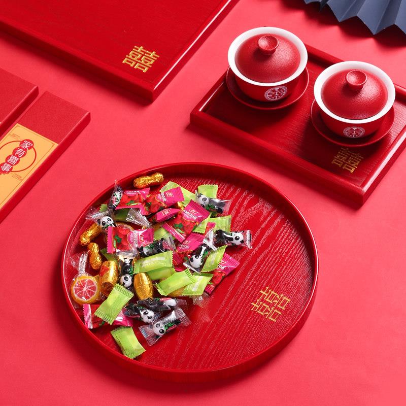 结婚喜庆托盘新娘敬茶杯红色喜盘圆形长方形糖果木质茶盘婚庆果盘