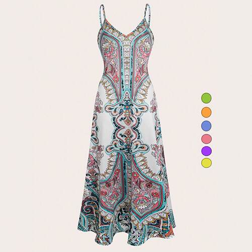 Boho V Neck Spaghetti Strap Dress Women Summer Printed