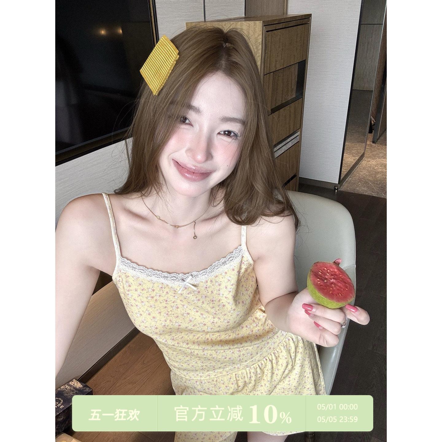 JoyceBra夏季睡衣女小清新碎花蕾丝吊带短裤2026新款家居服两件套