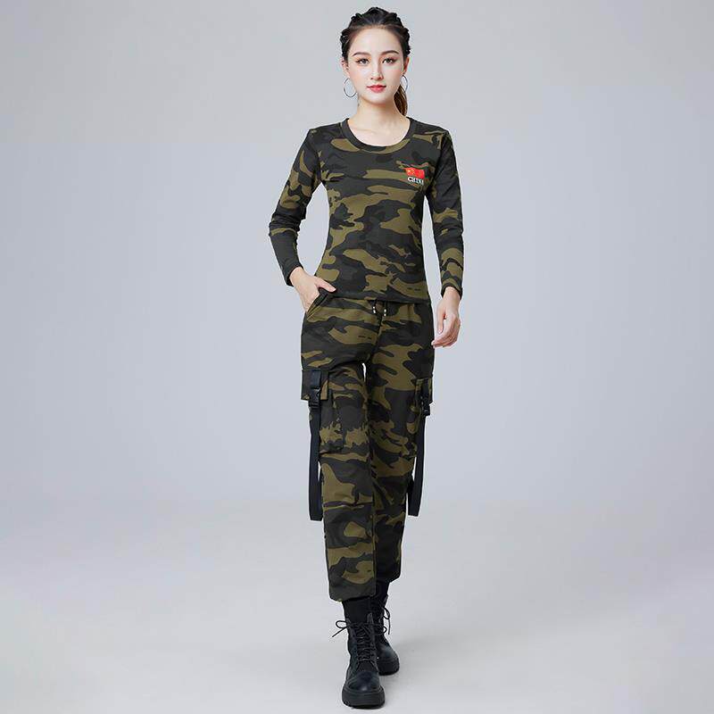 新款杨丽萍广场舞运动装新款军绿色t恤女迷彩工装裤套装水兵舞演