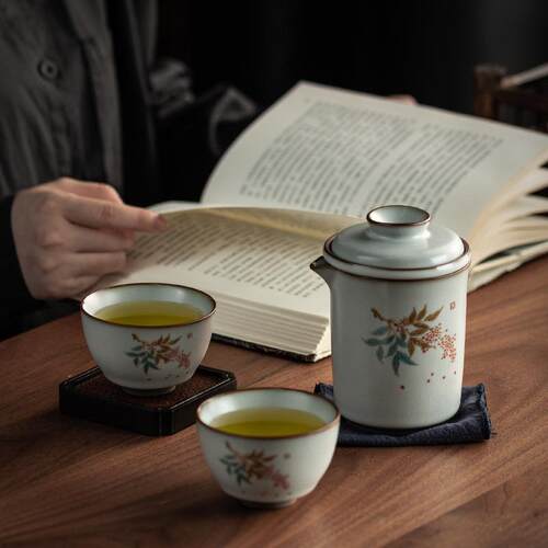 新款直销汝窑快客杯 日式便携户外旅行茶具一壶二杯陶瓷功夫茶具