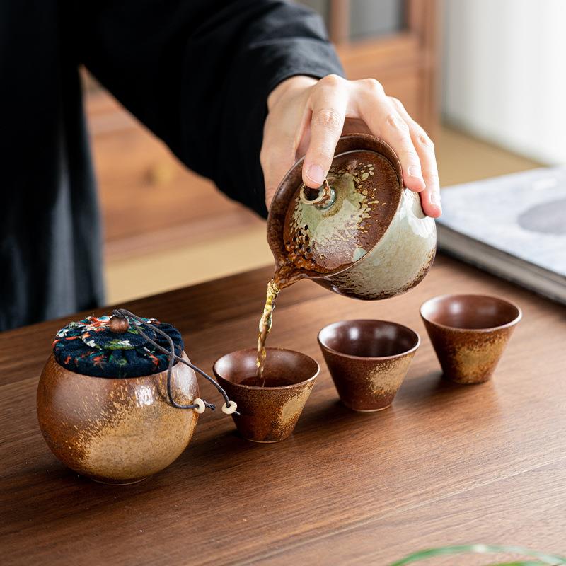 复古仿柴烧窑变旅行茶具套装一壶三杯户外陶瓷便携式快客杯手抓壶