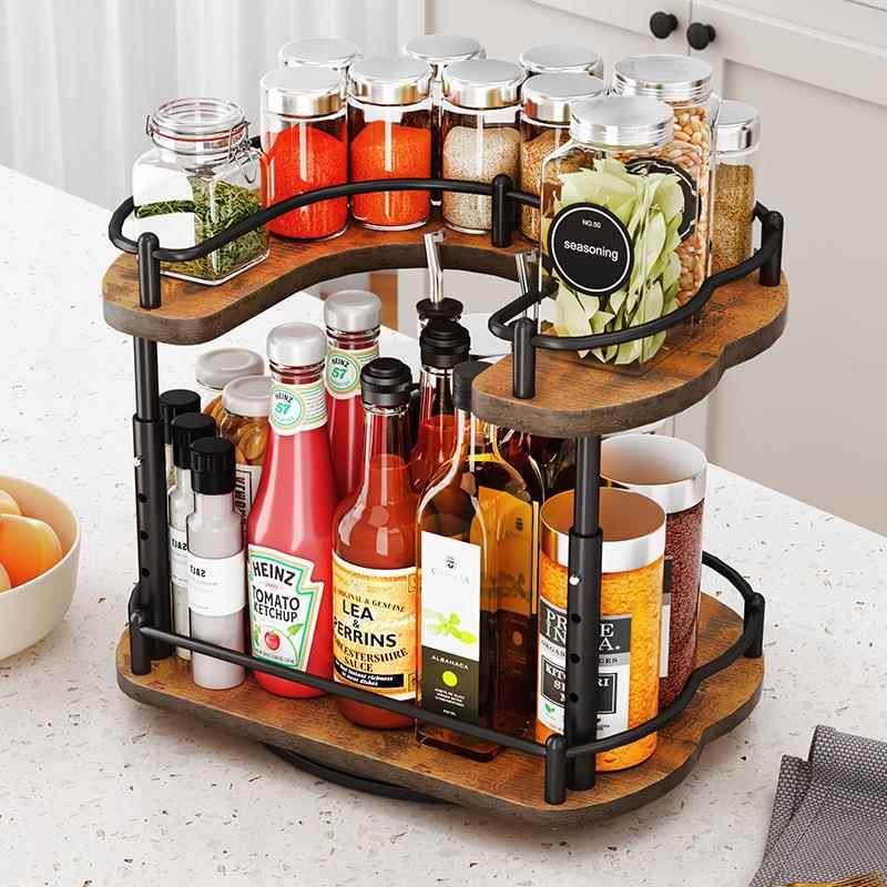 木板双层U形旋转调料架厨房台面调料瓶油盐酱醋收纳置物架子