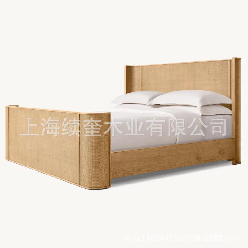 RH美式藤编实木1.8米双人主卧大床1.5米单床别墅外贸出口工厂家具