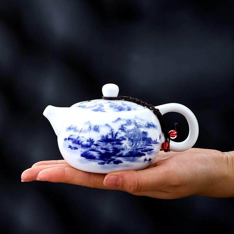 景德镇陶瓷茶壶 西施泡茶瓷壶单壶釉下彩青花瓷纯白手抓功夫茶具