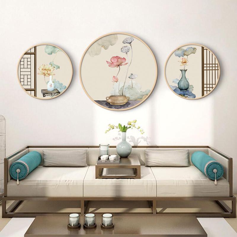 新中式实木圆形装饰画荷花客厅背景墙餐厅玄关挂画禅意中国风采耳图片