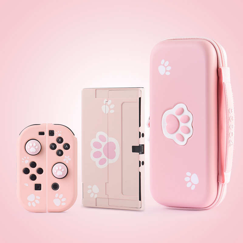 红印任天堂switch保护套硬壳手柄软壳oled收纳包便携包猫爪可爱粉