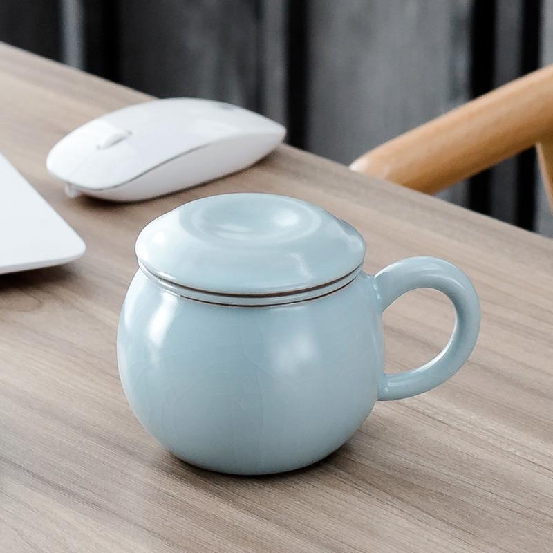 汝窑开片茶杯陶瓷办公室带过滤马克杯带盖瓷茶杯茶水分离泡茶杯