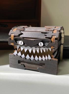 「很凶狠的箱子」小心被咬！怪物宝箱收纳盒子创意木质工艺品摆件